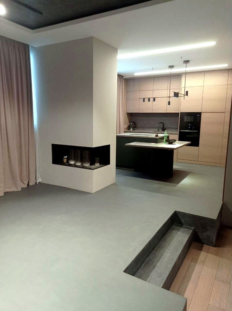 Microcement kitchen floor and fireplace