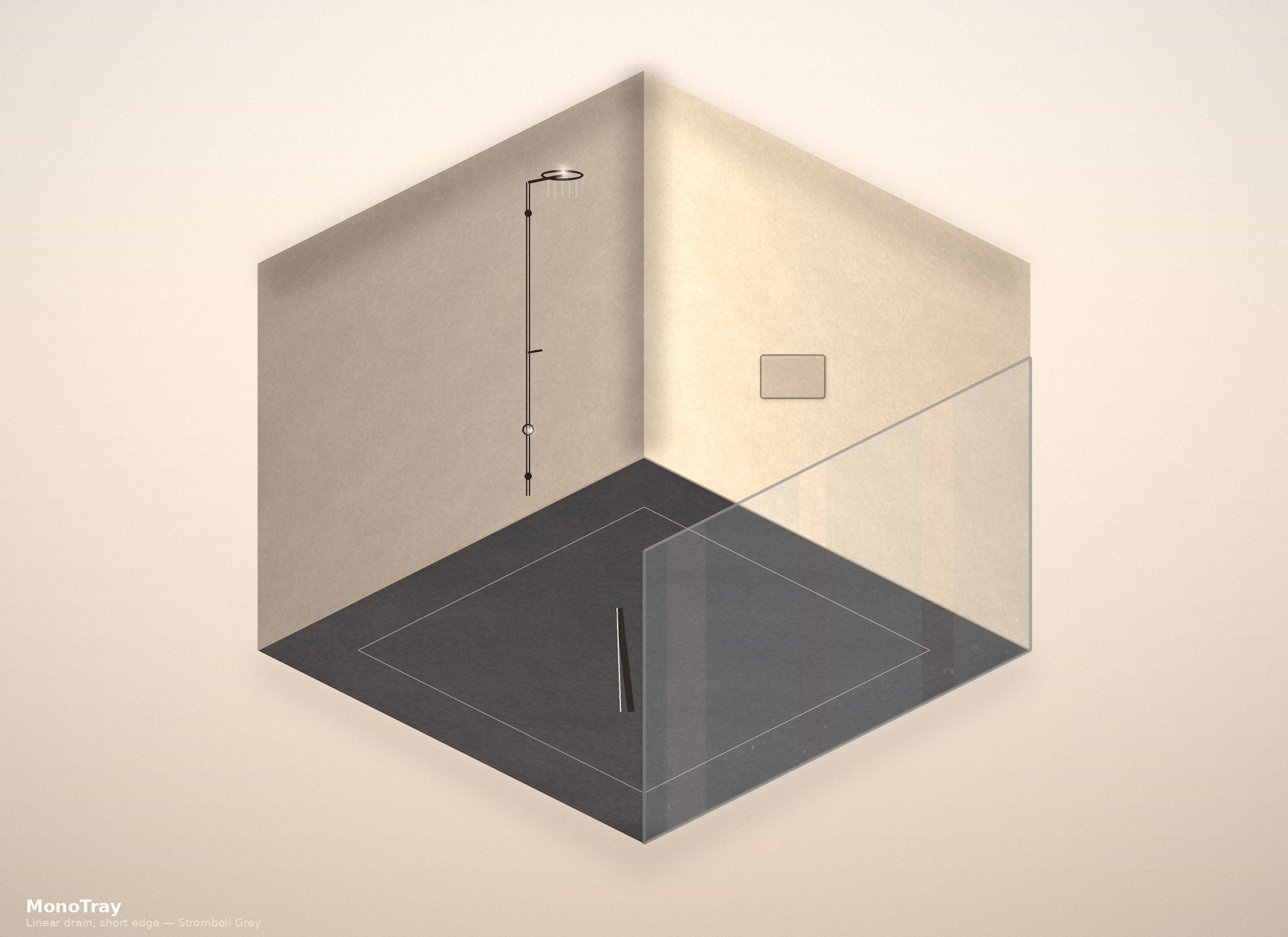 MonoTray linear short-edge drain tray installed in Stromboli Grey microcement